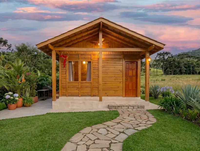 Casa de madeira para chácara: varanda, quartos e rotina rural