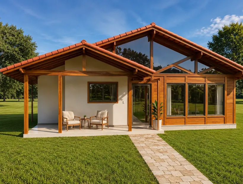 Casa de madeira com garagem: acesso, implantação e praticidade