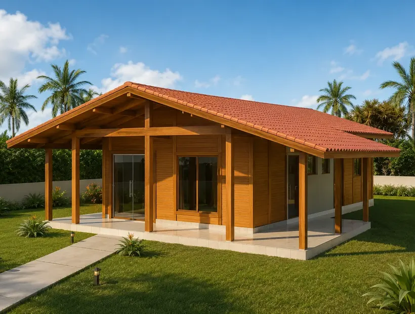 Casa de madeira com garagem: acesso, implantação e praticidade