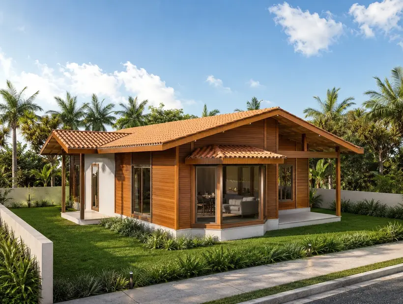 Casa de madeira com garagem: acesso, implantação e praticidade